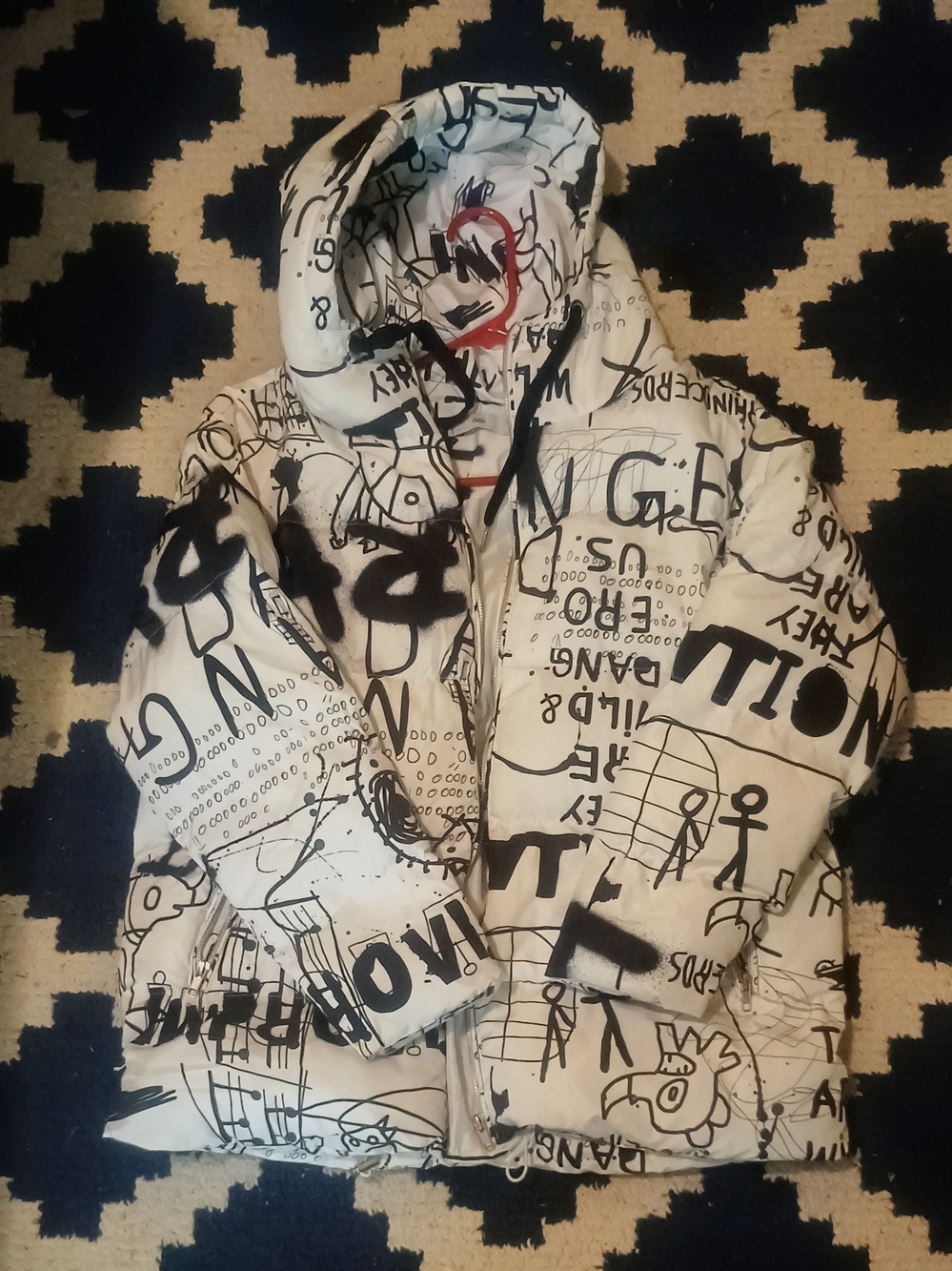 Adika White Graphic Printed Puffer Jacket with Hood